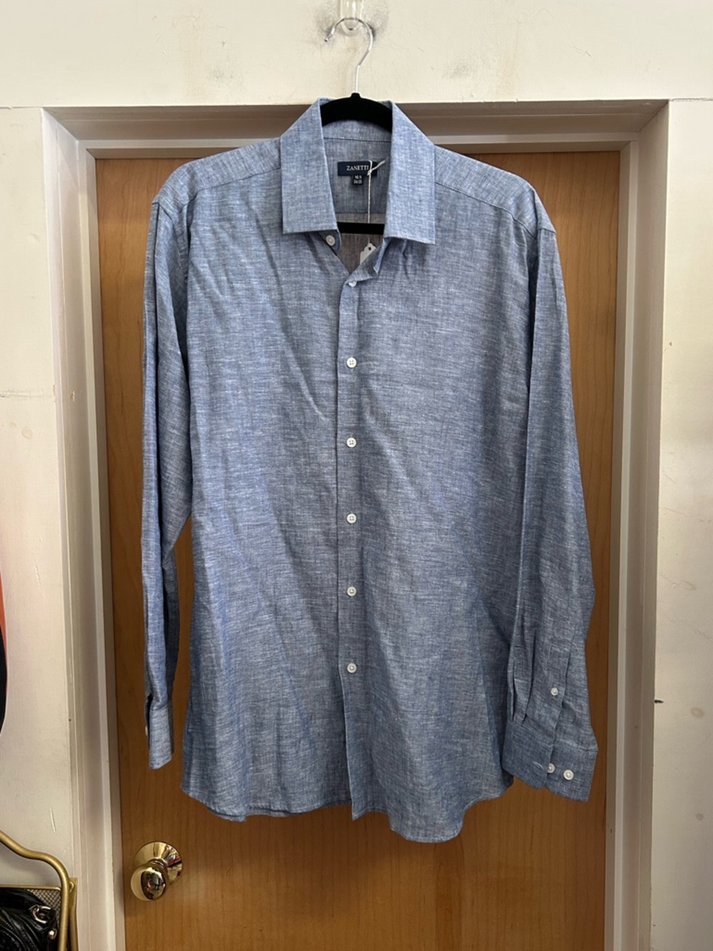 Zanetti MENS Linen Blend Blue Button Down size L 16.5 34/35
